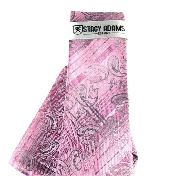 Stacy Adams Men's Tie & Hanky Pink Fuchsia Silver Charcoal Paisley 3.25” Wide - Picture 3 of 3